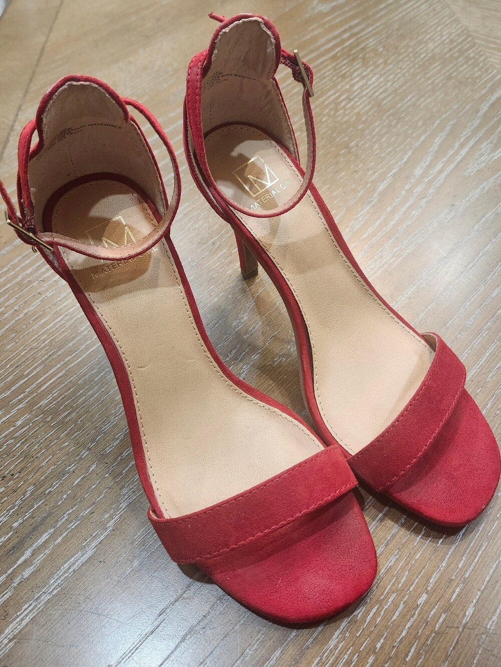 Material Girl Ankle Strap Pumps Red Suede 7M Strappy Sandal Heels
